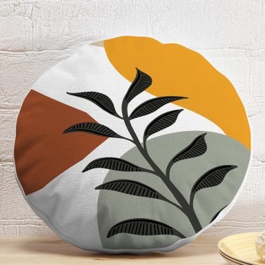 Renkli Zeminli Onedraw Çizimli Yaprak Desenli Dijital Baskılı Modern Yuvarlak Yastık Kırlent Kılıfı