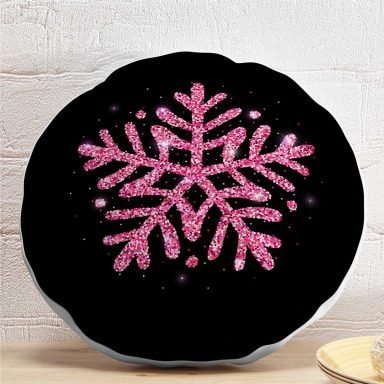 Siyah Zeminli Pembe Renkli Kar tanesi Desenli Dijital Baskılı Modern Yuvarlak Yastık Kırlent Kılıfı