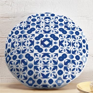 Beyaz Zeminli Çini Desenli Dijital Baskılı Modern Yuvarlak Yastık Kırlent Kılıfı