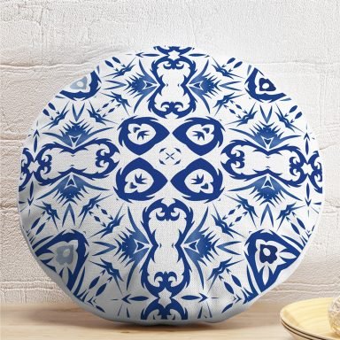Beyaz Zeminli Çini Desenli Dijital Baskılı Modern Yuvarlak Yastık Kırlent Kılıfı