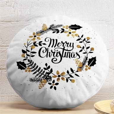 Beyaz Zemin Üzerinde Merry Christmas Yazılı Dijital Baskılı Modern Yuvarlak Yastık Kırlent Kılıfı
