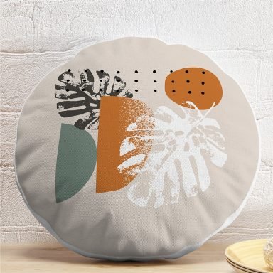 Pastel Zeminli Yaprak Desenli Dijital Baskılı Modern Yuvarlak Yastık Kırlent Kılıfı