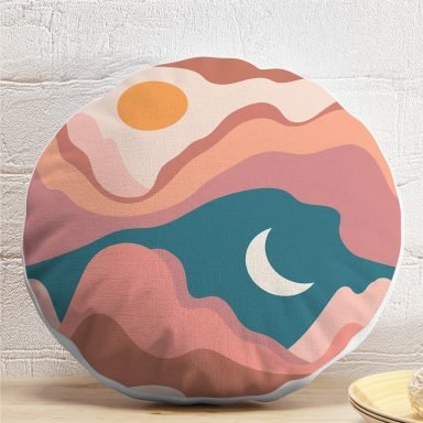 Pastel Renkli Zemin Üzerinde Ay Güneş Temalı Dijital Baskılı Modern Yuvarlak Yastık Kırlent Kılıfı