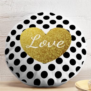 Beyaz Zeminde Puantiyeli Gold Detaylı Love Yazılı Dijital Baskılı Modern Yuvarlak Yastık Kırlent Kılıfı