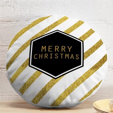 Beyaz Zeminde Gold Detaylı Merry Christmas Yazılı Dijital Baskılı Modern Yuvarlak Yastık Kırlent Kılıfı