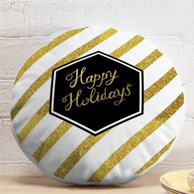Beyaz Zemin Üzerinde Gold Detaylı Happy Holidays Yazılı Dijital Baskılı Modern Yuvarlak Yastık Kırlent Kılıfı