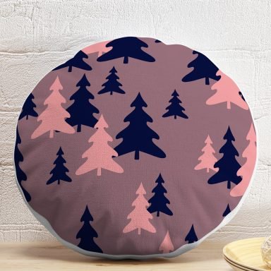 Renkli Zeminde Pastel Renkli Siyah Çam Ağacı Desenli Dijital Baskılı Modern Yuvarlak Yastık Kırlent Kılıfı