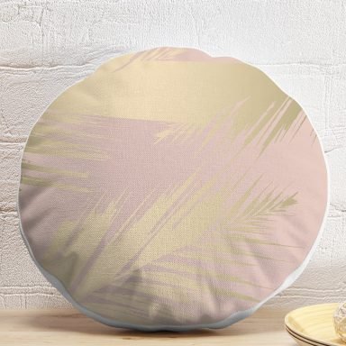 Pastel Zemin Üzerinde Gold Detaylı Yaprak Desenli Dijital Baskılı Modern Yuvarlak Yastık Kırlent Kılıfı