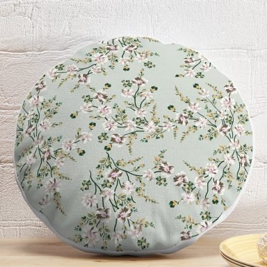 Pastel Zemin Üzerinde Çiçek Desenli Dijital Baskılı Modern Yuvarlak Yastık Kırlent Kılıfı