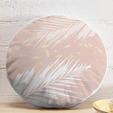 Pastel Zeminli Gold Detaylı Yaprak Desenli Dijital Baskılı Modern Yuvarlak Yastık Kırlent Kılıfı