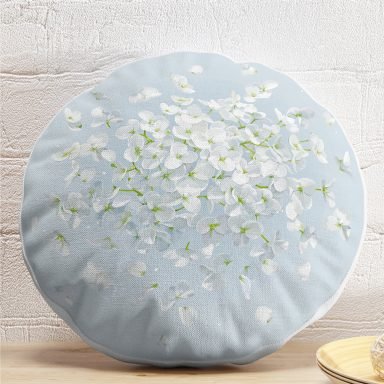 Renkli Zeminli Beyaz Ortanca Çiçek Desenli Dijital Baskılı Modern Yuvarlak Yastık Kırlent Kılıfı