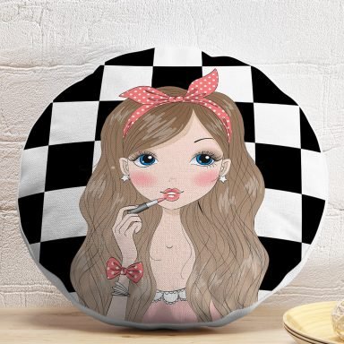 Dama Zeminli Fashion Girl Tasarımlı Dijital Baskılı Modern Yuvarlak Yastık Kırlent Kılıfı