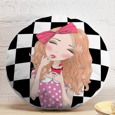 Dama Zeminli Pancakeli Kız Desenli Dijital Baskılı Modern Yuvarlak Yastık Kırlent Kılıfı
