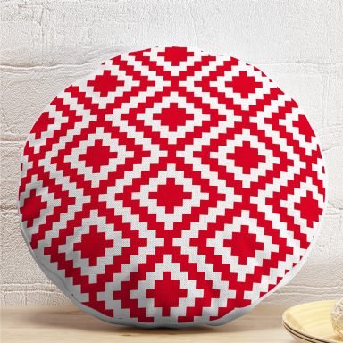 Kırmızı Geometrik Çizimli Dijital Baskılı Modern Yuvarlak Yastık Kırlent Kılıfı