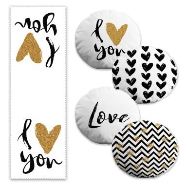 I Love You Motifli 4 Yuvarlak Kırlent Kılıfı ve 1 Runner Seti