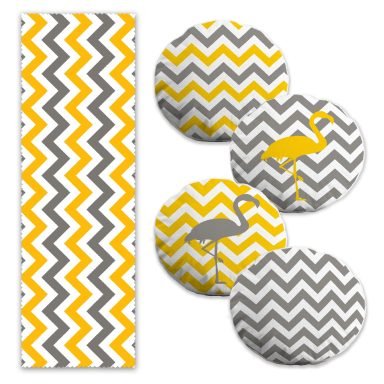 Sarı & Gri Zigzag ve Flamingo Motifli 4 Yuvarlak Kırlent Kılıfı ve 1 Runner Seti
