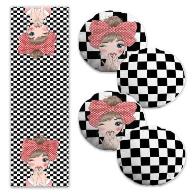 Dama Zeminli Fashion Girl Tasarımlı 4 Yuvarlak Kırlent Kılıfı ve 1 Runner Seti