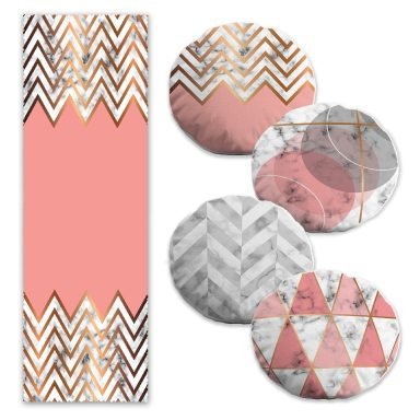 Pembe & Altın Varaklı Motifler Çizimli 4 Yuvarlak Kırlent Kılıfı ve 1 Runner Seti