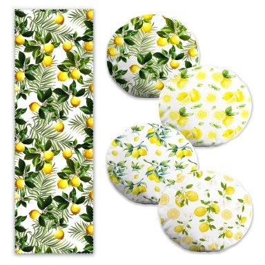 Limon Motifli 4 Yuvarlak Kırlent Kılıfı ve 1 Runner Seti