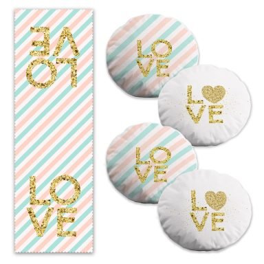 Love Temalı 4 Yuvarlak Kırlent Kılıfı ve 1 Runner Seti