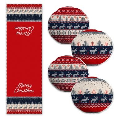 Mery Christmas Geyik Motifli 4 Yuvarlak Kırlent Kılıfı ve 1 Runner Seti