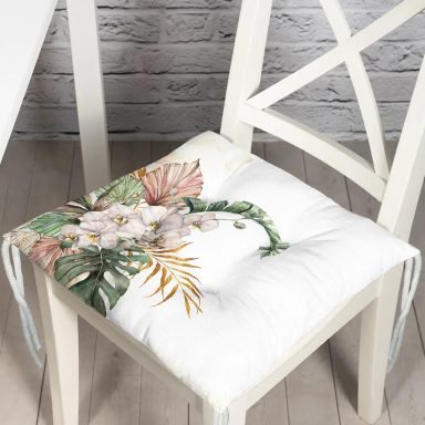 Tropik Yaprak Motifli Dijital Baskılı Modern Pofidik Sandalye Minderi
