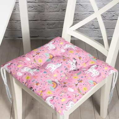 Realhomes Pembe Zeminli Unicorn Motifli Özel Tasarım Dijital Baskılı Modern Pofidik Sandalye Minderi