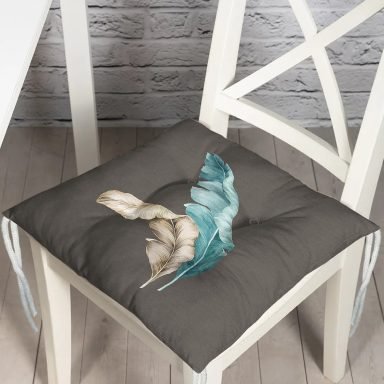 Mavi & Sarı Tüy Motifli Dijital Baskılı Modern Pofidik Sandalye Minderi