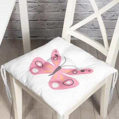 Pembe Kelebek Tasarımlı Dijital Baskılı Modern Pofidik Sandalye Minderi