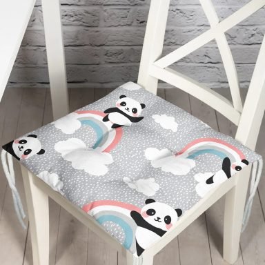 Gökkuşağı Ve Panda Desenli Dijital Baskılı Özel Tasarım Modern Pofidik Sandalye Minderi