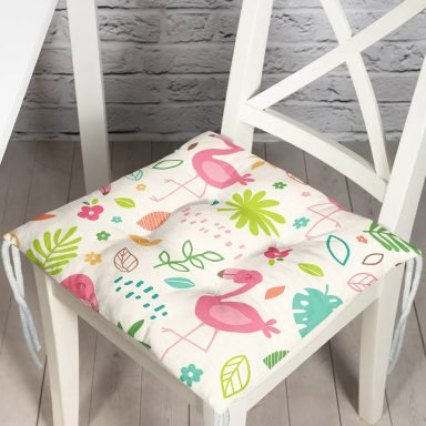 Krem Zeminde Flamingo Desenli Dijital Baskılı Özel Tasarım Modern Pofidik Sandalye Minderi