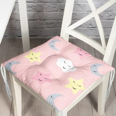 Pembe Zeminli Ay Ve Yıldız Desenli Dijital Baskılı Özel Tasarım Modern Pofidik Sandalye Minderi