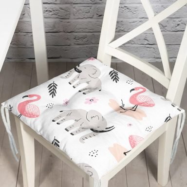 Flamingo Ve Fil Motifli Dijital Baskılı Özel Tasarım Modern Pofidik Sandalye Minderi