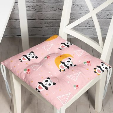 Pembe Zeminde Sevimli Panda Desenli Dijital Baskılı Özel Tasarım Modern Pofidik Sandalye Minderi