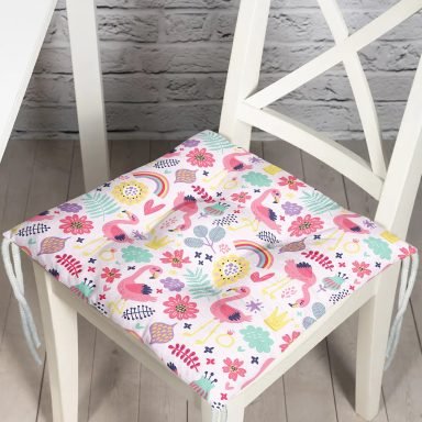 Pembe Pelikan Ve Çiçek Desenli Dijital Baskılı Özel Tasarım Modern Pofidik Sandalye Minderi