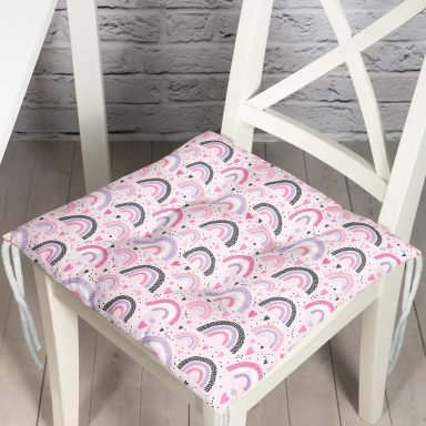 Pembe Zeminde Gökkuşağı Desenli Dijital Baskılı Özel Tasarım Modern Pofidik Sandalye Minderi