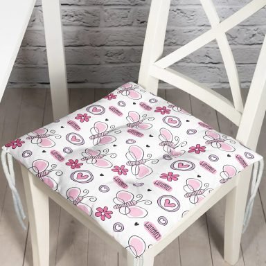 Pembe Kelebek Motifli Dijital Baskılı Özel Tasarım Modern Pofidik Sandalye Minderi