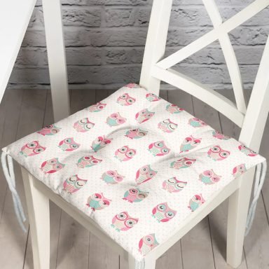 Sevimli Pembe Baykuşlar Temalı Dijital Baskılı Özel Tasarım Modern Pofidik Sandalye Minderi