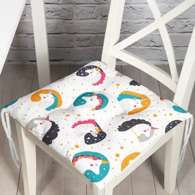 Unicorn Motifli Dijital Baskılı Özel Tasarım Modern Pofidik Sandalye Minderi
