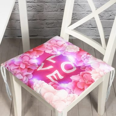 Love Yazılı Gül Desenli Dijital Baskılı Modern Modern Pofidik Sandalye Minderi
