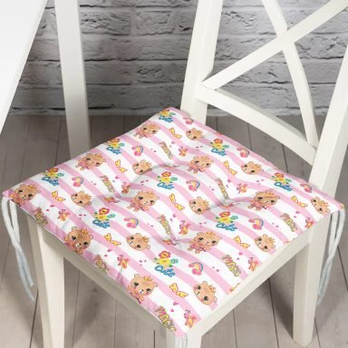 Pembe Çizgili Zeminde Şirin Ayıcık Temalı Dijital Baskılı Özel Tasarım Modern Pofidik Sandalye Minderi