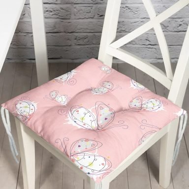 Pembe Zeminli Sevimli Kelebek Motifli Dijital Baskılı Özel Tasarım Modern Pofidik Sandalye Minderi