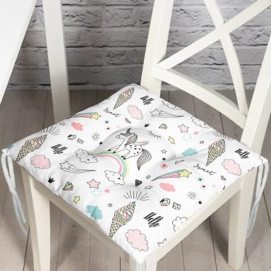 Gökkuşağı Bulut Ve Unicorn Desenli Dijital Baskılı Özel Tasarım Modern Pofidik Sandalye Minderi