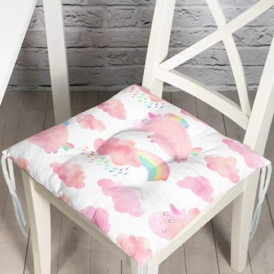 Pembe Bulut Ve Unicorn Motifli Dijital Baskılı Özel Tasarım Modern Pofidik Sandalye Minderi