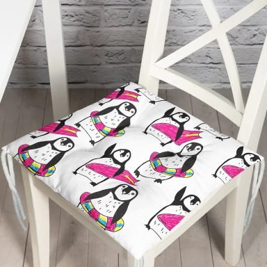 Penguen Desenli Dijital Baskılı Özel Tasarım Modern Pofidik Sandalye Minderi