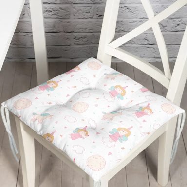 Pembe Peri Kızı Ve Unicorn Desenli Dijital Baskılı Özel Tasarım Modern Pofidik Sandalye Minderi