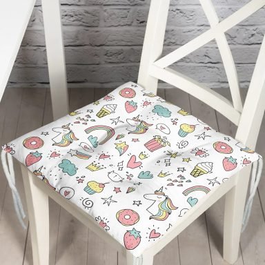 Donut Dondurma Ve Unicorn Desenli Dijital Baskılı Özel Tasarım Modern Pofidik Sandalye Minderi
