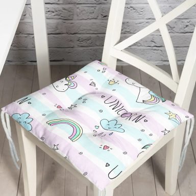 Unicorn Ve Gökkuşağı Desenli Dijital Baskılı Özel Tasarım Modern Pofidik Sandalye Minderi