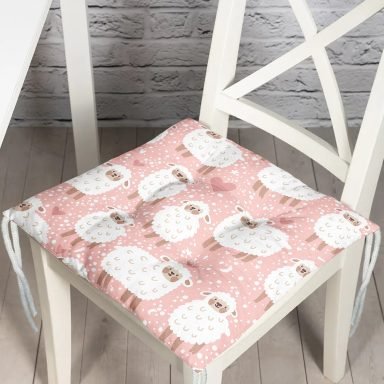 Pembe Zeminde Koyun Desenli Dijital Baskılı Özel Tasarım Modern Pofidik Sandalye Minderi