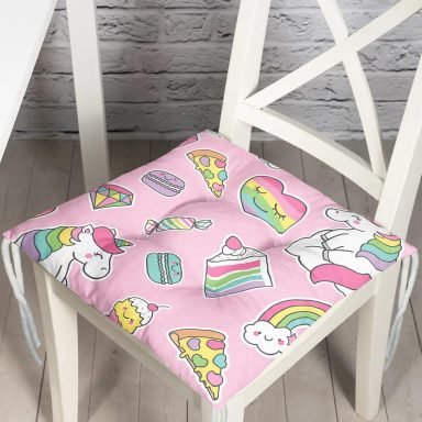 Unicorn Pasta Ve Kalp Desenli Dijital Baskılı Özel Tasarım Modern Pofidik Sandalye Minderi